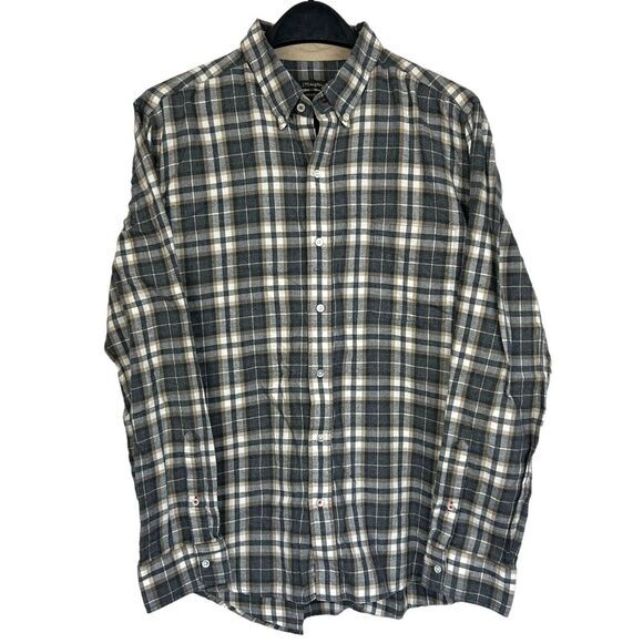 J. McLaughlin Men's Medium Modern‎ Fit Lightweight Flannel Plaid Shirt Grey Tan - Picture 4 of 5